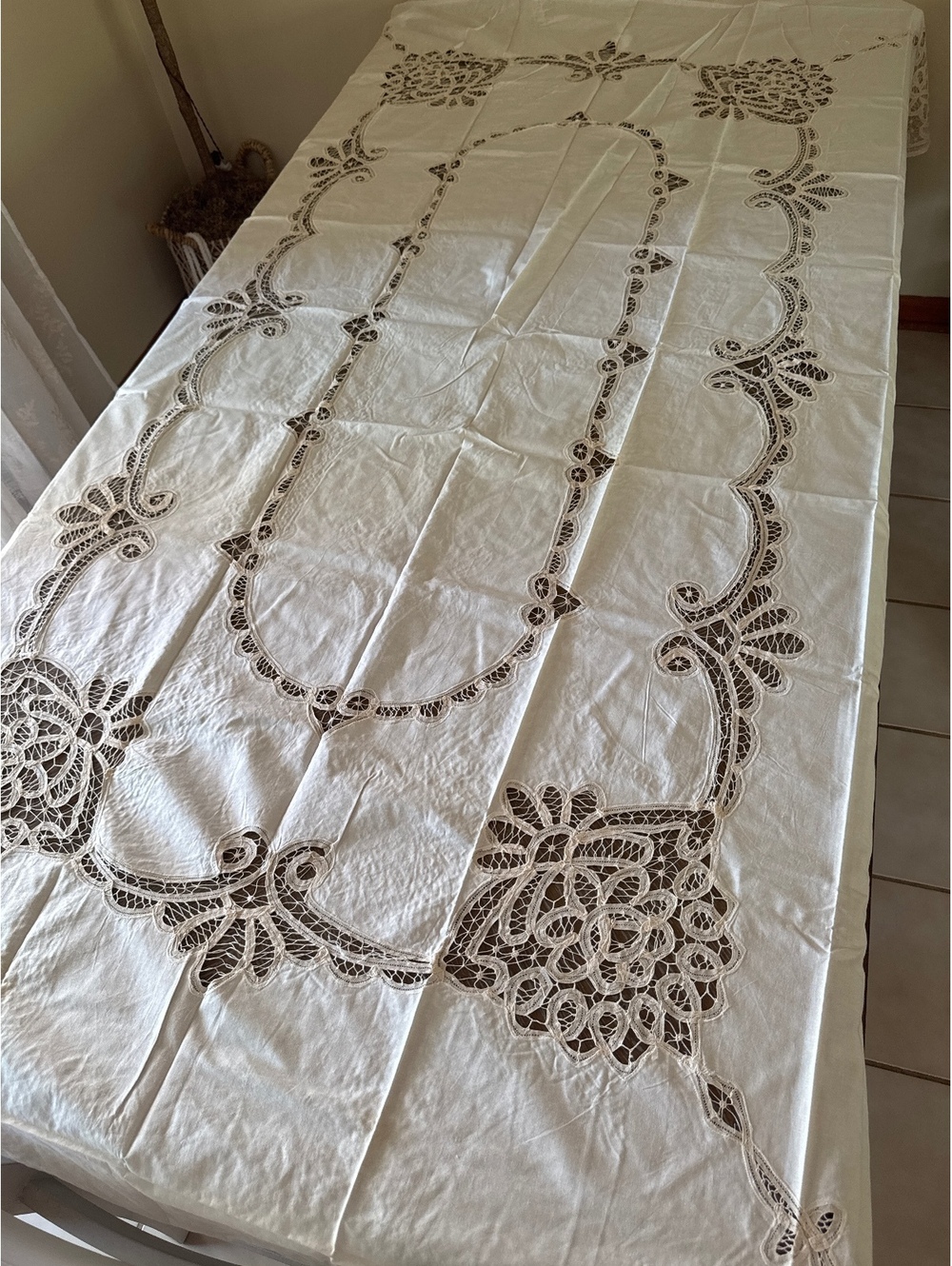 Vintage 1980’s Handmade Battenberg Lace Tablecloth 68x104 Inches